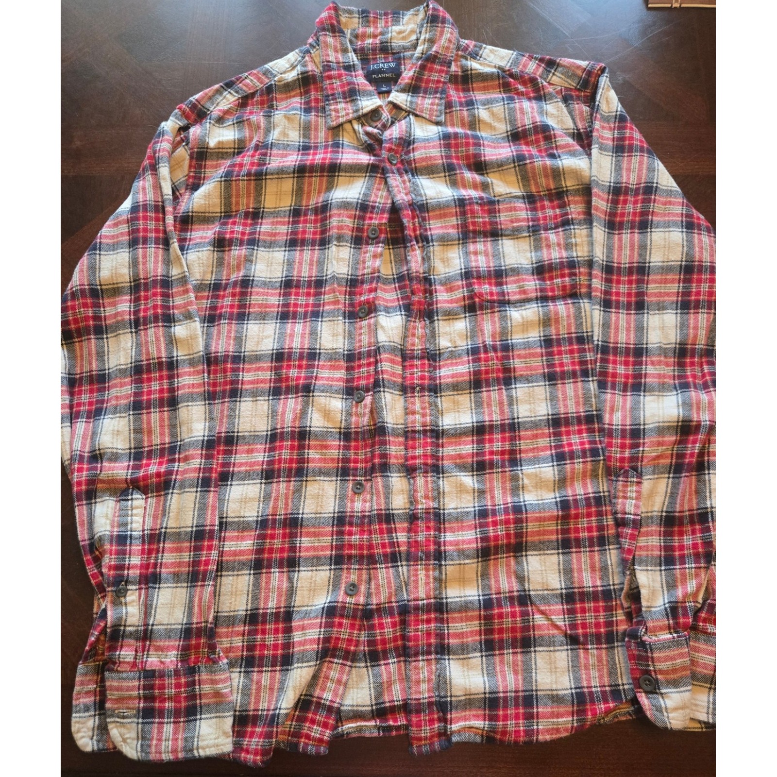 Jcrew Mens Flannel Button Down Shirt Large Red Navy Blue Plaid Long Sleeve L